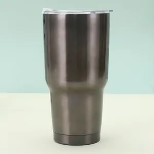 Close-up of 30oz dark grey brushed stainless steel tumbler with clear lid and leak-proof seal