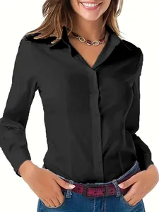 Klassisches schwarzes Damen Langarm-Businesshemd mit Reverskragen und Knopfleiste