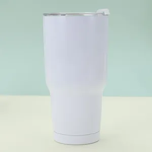Close-up of a white 30oz vacuum insulated tumbler with a transparent sealing lid