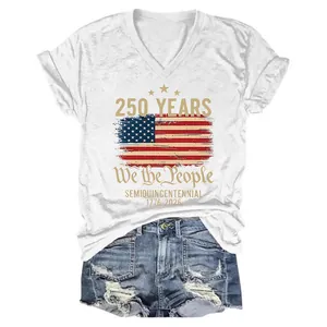 Women's V-Neck Short Sleeve T-Shirt US 250th Anniversary We The People Flag Print Casual Loose Cotton Polyester Top
