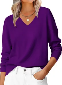 Close-up of deep purple V-neck knit sweater featuring ribbed cuffs and collar details