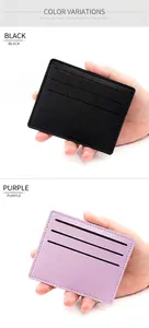 Detailed view of the slim card holder stitching and texture in black and purple colors