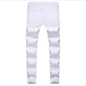 Slim fit men's white distressed denim jeans in premium stretch fabric, back view display
