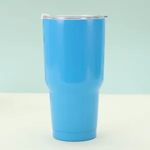 30oz bright sky blue vacuum insulated stainless steel tumbler with clear sealing lid