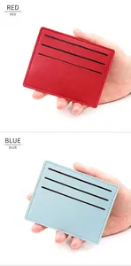 Slim lychee texture leather card holder with 3 card slots in red and light blue colors
