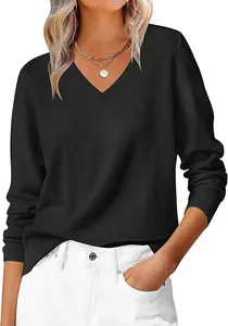 Close-up of the ribbed V-neckline and soft knitted texture on this classic black sweater
