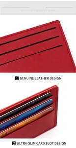 Detail of red litchi grain leather card holder with slim multi-slot design