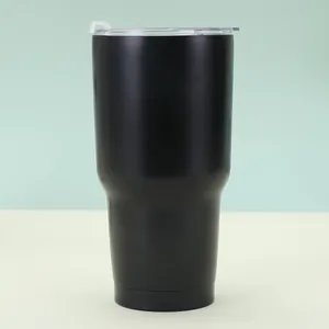 Macro shot of 30oz black stainless steel tumbler with matte finish and sliding lid