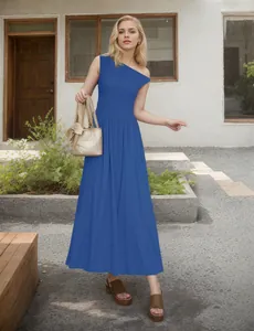 Detail of royal blue one-shoulder dress featuring waist pleats and A-line silhouette