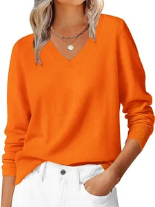 Women Casual V Neck Long Sleeve Sweater Soft Knit Pullover Top Solid Color Elegant Jumper Ribbed Cuffs Jumper For Autumn