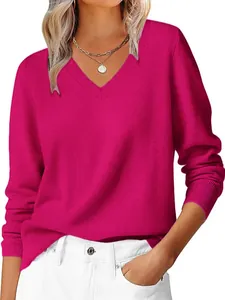 Women's casual V-neck knit sweater in bright rose red featuring ribbed trim and soft fabric