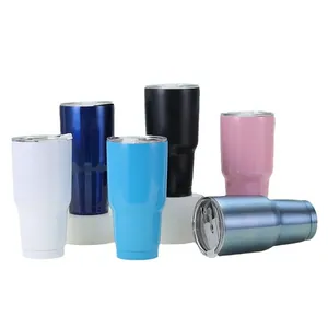 Multiple colors of 30oz vacuum insulated stainless steel tumblers on white pedestals