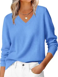 Women's classic V-neck long sleeve sweater in sky blue knit with ribbed hem finish