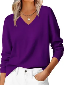 Women's V-neck long sleeve purple knit sweater in casual loose fit for autumn style