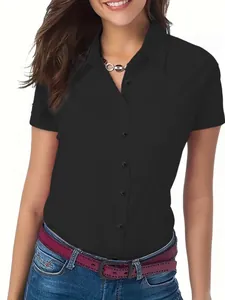 Damen Kurzarm-Hemdbluse in Schwarz, schmale Passform mit klassischem Umlegekragen