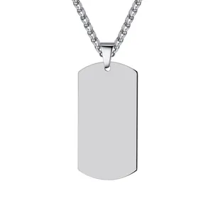Polished silver military dog tag necklace with wheat chain on a white background