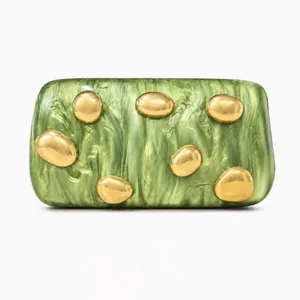 Green marble texture acrylic clutch bag with artistic gold pebble metal accents