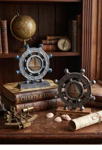 Nautical ship wheel decor with sailboat relief on a vintage desk with aged globes
