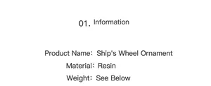Detailed product specifications for resin ship helm ornament with material and weight info