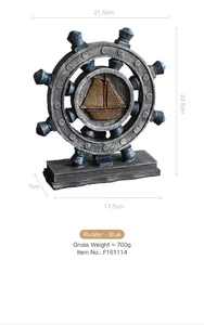 Detail of Mediterranean nautical steering wheel decor with sailboat center and dimensions