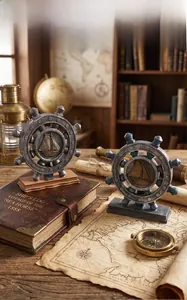 Nautical ship wheel ornament with golden sailing boat relief on a rectangular base