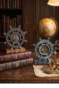Nautical ship wheel desk ornaments with sailboat relief and vintage finish on wood