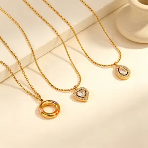 Stainless Steel Gold Plated Pendant Necklace For Women Heart Zircon Drop Circle Enamel Flower Ins Style Chic Jewelry
