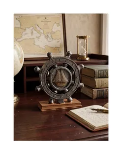 Detailed close-up of a vintage nautical ship wheel decor on a rustic wooden stand