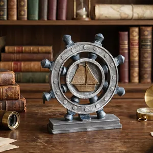 Vintage nautical helm statue with sailing ship relief on a wooden table desk decor