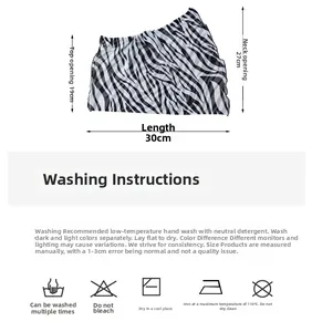 Detailed size chart for zebra print silk neck gaiter with washing care instructions