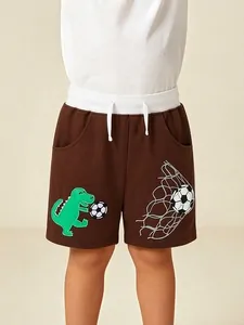 Short en Coton Décontracté Été Garçons Broderie Dinosaure Football Cordon de Serrage Souple Respirant Short de Sport Enfant Brun Foncé