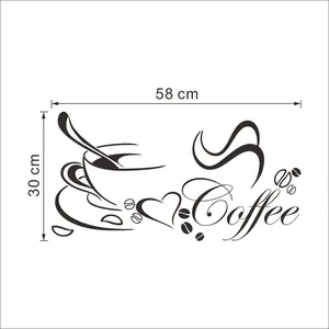 Waterproof self-adhesive coffee cup wall sticker with beans and heart, 58x30 cm size