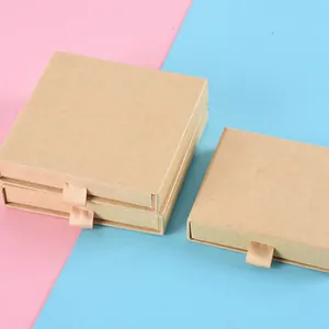 Eco-friendly kraft paper drawer jewelry gift box with champagne satin pull ribbon