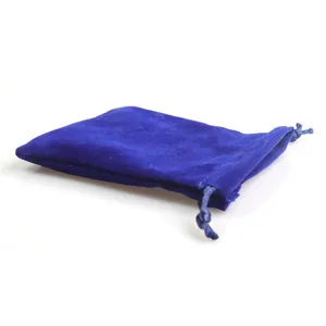 Dark blue velvet drawstring pouch for jewelry packaging with dual pull cords and reflection