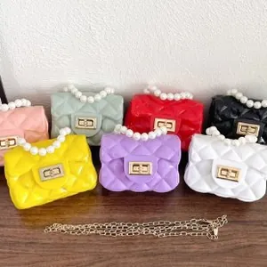 Mini Kids Artificial Pearl Handle Jelly Bag Quilted PVC Shoulder Bag For Girls Candy Color Chain Crossbody Bag Small Handbag