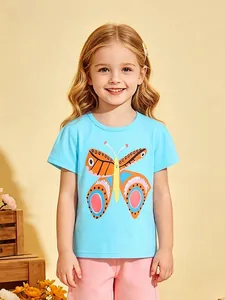 T-shirt en Coton pour Filles Imprimé Papillon Été Manches Courtes Col Rond Bleu Ciel Haut Décontracté pour Enfants 2-7 Ans