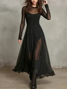 Elegant black two-piece mesh patchwork maxi dress featuring long sleeves and gothic style