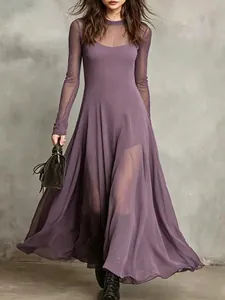 Elegant purple mesh long sleeve two-piece maxi dress with a flowing A-line silhouette