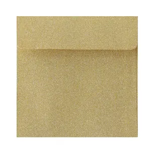 Close-up of square rose gold glitter envelope with fine textured metallic shimmer
