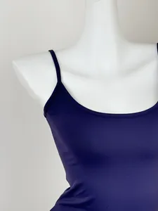 Detail view of deep purple U-neck tank top with slim fit elastic ribbed fabric