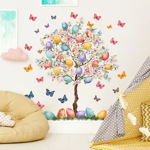 Easter floral tree wall decals with colorful eggs and butterflies for room decoration