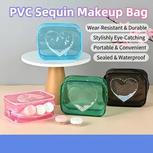 Transparent PVC Makeup Bag Heart Sequin Glitter Toiletry Pouch Waterproof Travel Storage Cosmetic Case Women