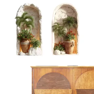 3D Wandaufkleber mit tropischen Pflanzen und mediterranen Nischen auf einem rustikalen Holzschrank