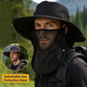 Outdoor Sun Hat Bucket Hat With Detachable Face Mask Neck Flap Cotton Linen Breathable Fishing Hiking Wide Brim