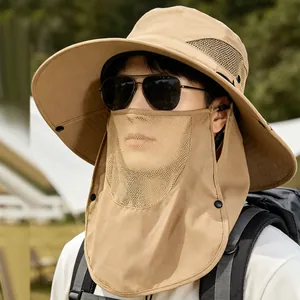 Khaki outdoor sun hat with large brim, breathable face mask and neck protection cover