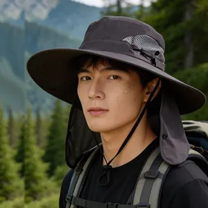 Deep grey wide brim sun hat with neck flap and breathable mesh for outdoor activities