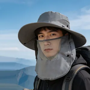 Men's outdoor dark grey sun hat with face cover and neck flap for UV protection