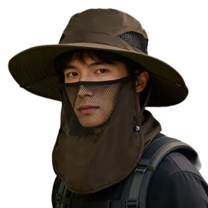 Outdoor sun protection hat with wide brim, breathable mesh and detachable face mask