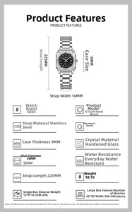 Detailed specifications and dimensions for silver steel quartz watch with black dial