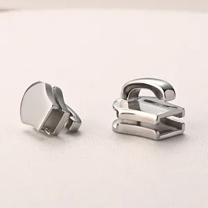 Pair of silver stainless steel zipper sliders with high-polished metallic finish